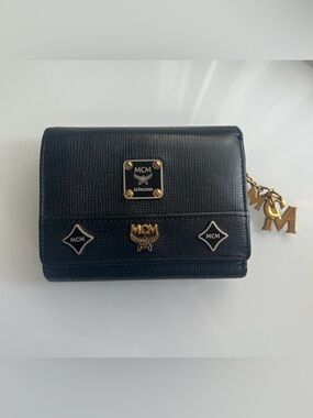 MCM Black Leather Logo Trifold Wallet with Gold Accents